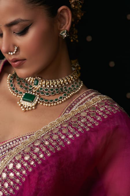 Almaari By Pooja Patel_Pink Organza, Silk Gota Patti, Mirrors, Embroidery, Shehnayi Saree With Blouse _at_Aza_Fashions