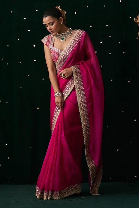 Buy_Almaari By Pooja Patel_Pink Organza, Silk Gota Patti, Mirrors, Embroidery, Shehnayi Saree With Blouse 