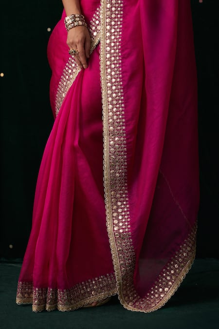 Shop_Almaari By Pooja Patel_Pink Organza, Silk Gota Patti, Mirrors, Embroidery, Shehnayi Saree With Blouse 