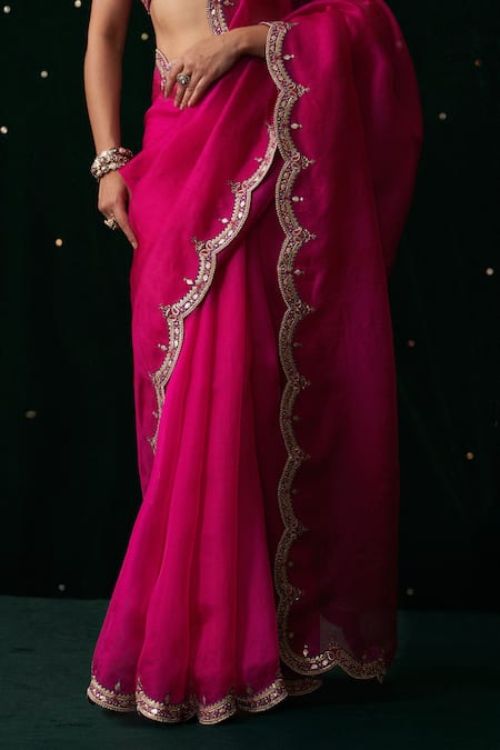 Almaari By Pooja Patel_Pink Organza, Silk Gota Patti, Embroidery, Mirrors, Ektara Saree With Blouse _Online_at_Aza_Fashions
