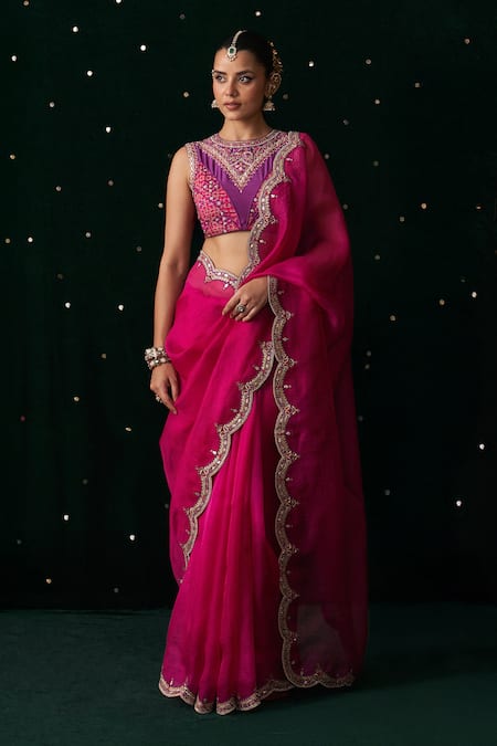 Buy_Almaari By Pooja Patel_Pink Organza, Silk Gota Patti, Embroidery, Mirrors, Ektara Saree With Blouse _Online_at_Aza_Fashions