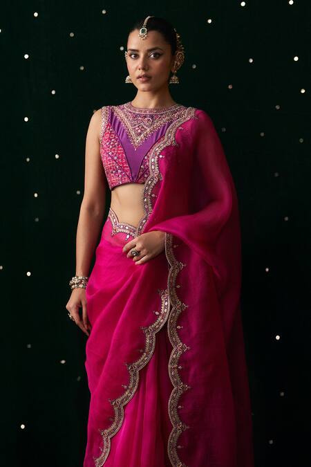 Shop_Almaari By Pooja Patel_Pink Organza, Silk Gota Patti, Embroidery, Mirrors, Ektara Saree With Blouse _Online_at_Aza_Fashions