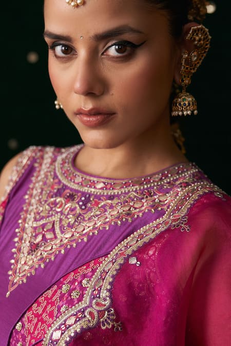 Buy_Almaari By Pooja Patel_Pink Organza, Silk Gota Patti, Embroidery, Mirrors, Ektara Saree With Blouse 