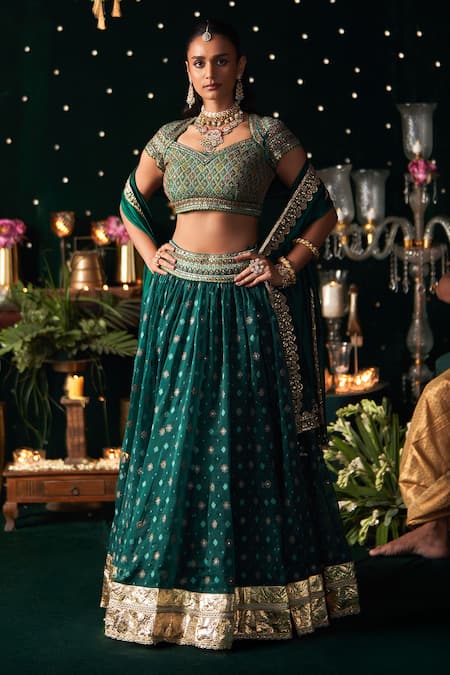 Almaari By Pooja Patel Shehnayi Geometric Woven Lehenga Set 