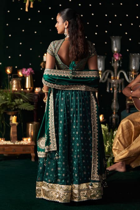 Almaari By Pooja Patel Shehnayi Geometric Woven Lehenga Set 