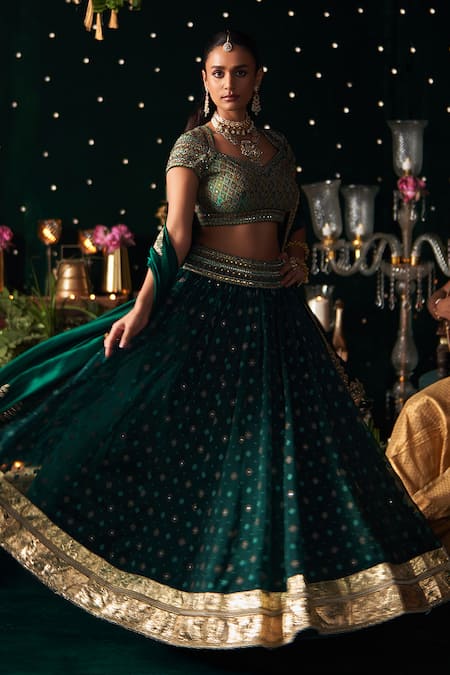 Almaari By Pooja Patel_Green Organza, Jacquard, Silk Zari, Foil Shehnayi Geometric Woven Lehenga Set _at_Aza_Fashions