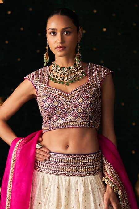 Almaari By Pooja Patel_Off White Chanderi, Jacquard, Silk, Organza Gota Patti, Veena Woven Lehenga Set _Online_at_Aza_Fashions