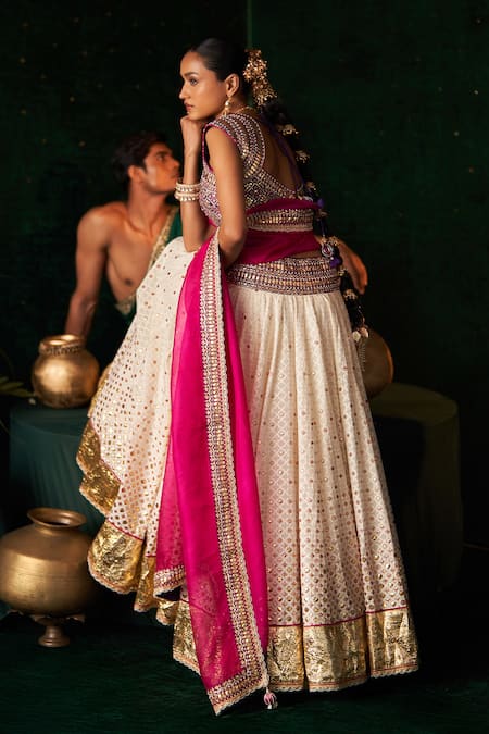 Shop_Almaari By Pooja Patel_Off White Chanderi, Jacquard, Silk, Organza Gota Patti, Veena Woven Lehenga Set _Online_at_Aza_Fashions