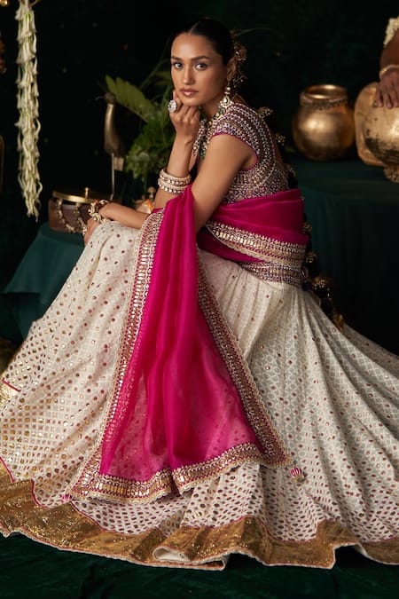 Almaari By Pooja Patel_Off White Chanderi, Jacquard, Silk, Organza Gota Patti, Veena Woven Lehenga Set _at_Aza_Fashions