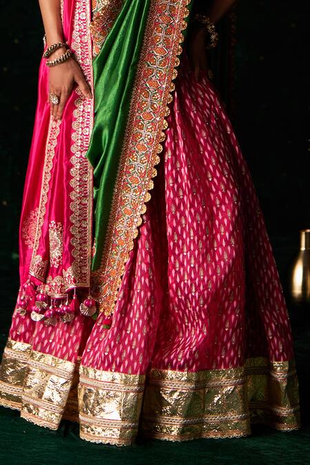 Almaari By Pooja Patel_Pink Organza, Jacquard, Silk Embroidery, Zari, Sarod Geometric Woven Lehenga Set _Online_at_Aza_Fashions