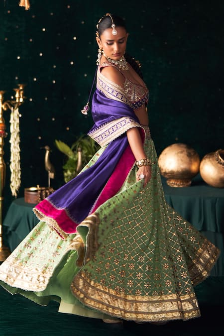 Buy_Almaari By Pooja Patel_Green Chanderi, Jacquard, Silk Gota Patti, Embroidery, Shankh Lehenga Set _Online_at_Aza_Fashions