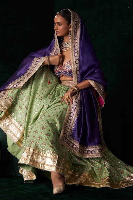 Shop_Almaari By Pooja Patel_Green Chanderi, Jacquard, Silk Gota Patti, Embroidery, Shankh Lehenga Set _Online_at_Aza_Fashions
