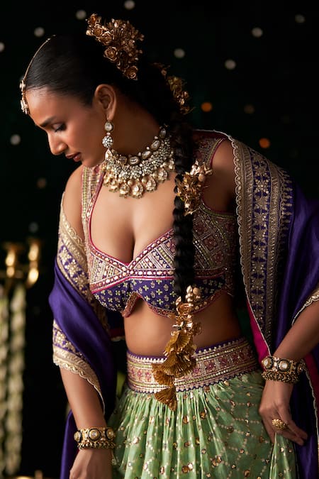 Almaari By Pooja Patel_Green Chanderi, Jacquard, Silk Gota Patti, Embroidery, Shankh Lehenga Set _at_Aza_Fashions