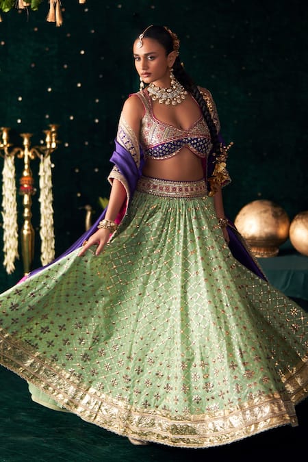 Buy_Almaari By Pooja Patel_Green Chanderi, Jacquard, Silk Gota Patti, Embroidery, Shankh Lehenga Set 