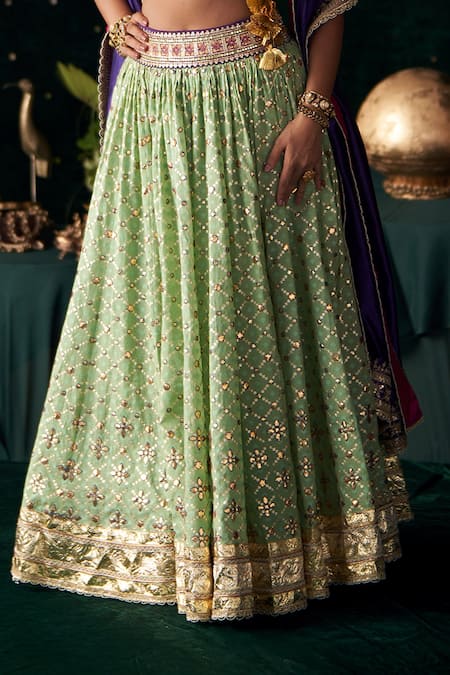 Shop_Almaari By Pooja Patel_Green Chanderi, Jacquard, Silk Gota Patti, Embroidery, Shankh Lehenga Set 