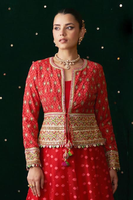 Almaari By Pooja Patel Maracus Geometric Pattern Jacket Lehenga Set 