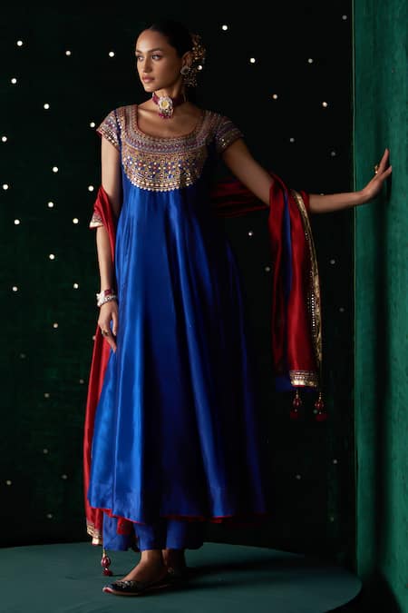 Buy_Almaari By Pooja Patel_Blue Silk, Cotton, Lycra Mirrors, Embroidery, Zari, Mandolin Anarkali Set _Online_at_Aza_Fashions