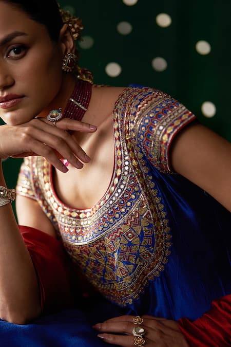 Almaari By Pooja Patel_Blue Silk, Cotton, Lycra Mirrors, Embroidery, Zari, Mandolin Anarkali Set _at_Aza_Fashions