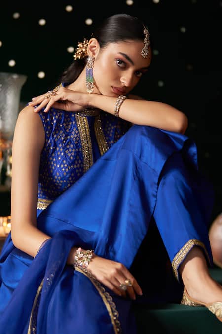 Buy_Almaari By Pooja Patel_Blue Chanderi Silk, Organza Gota Patti, Sequins, Mridang Anarkali Set _Online_at_Aza_Fashions
