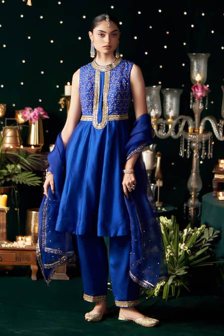 Almaari By Pooja Patel_Blue Chanderi Silk, Organza Gota Patti, Sequins, Mridang Anarkali Set _at_Aza_Fashions