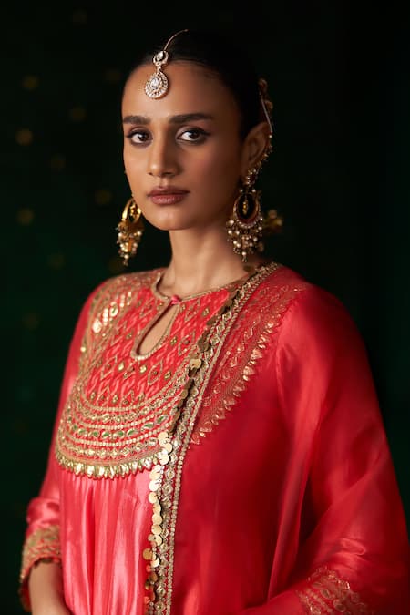 Almaari By Pooja Patel_Red Dupion, Silk, Organza Gota Patti, Embroidery, Mirrors Santoor Anarkali Set _Online_at_Aza_Fashions