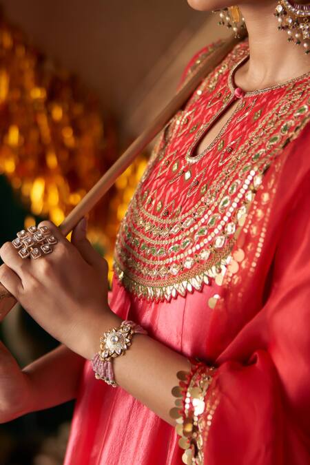 Buy_Almaari By Pooja Patel_Red Dupion, Silk, Organza Gota Patti, Embroidery, Mirrors Santoor Anarkali Set _Online_at_Aza_Fashions