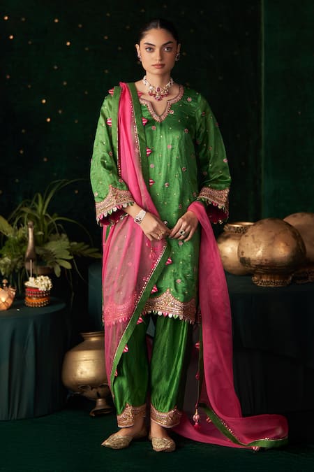 Almaari By Pooja Patel_Green Silk, Organza Embroidery, Mirrors, Gota Patti, Tassels Kanjira Kurta Set _Online_at_Aza_Fashions