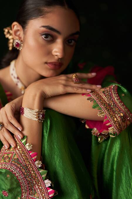Shop_Almaari By Pooja Patel_Green Silk, Organza Embroidery, Mirrors, Gota Patti, Tassels Kanjira Kurta Set _Online_at_Aza_Fashions