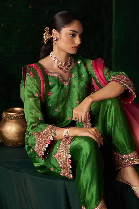 Almaari By Pooja Patel_Green Silk, Organza Embroidery, Mirrors, Gota Patti, Tassels Kanjira Kurta Set _at_Aza_Fashions