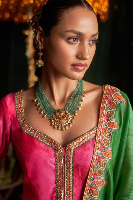 Buy_Almaari By Pooja Patel_Pink Silk Embroidery, Sequins, Gota Patti, Tassels V-neck Tumbi Anarkali Set 