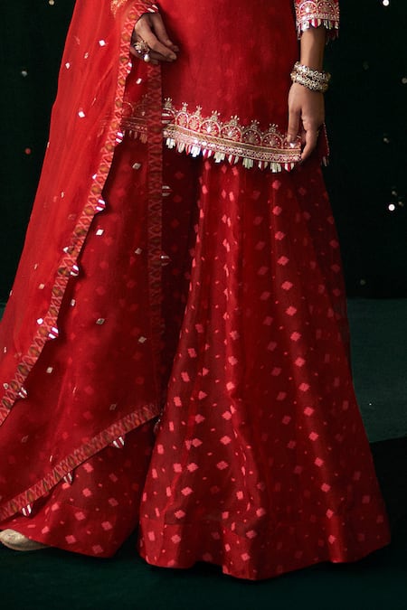 Buy_Almaari By Pooja Patel_Red Organza Gota Patti, Embroidery, Pearls, Mirrors, Tanpura Kurta Sharara Set _Online_at_Aza_Fashions
