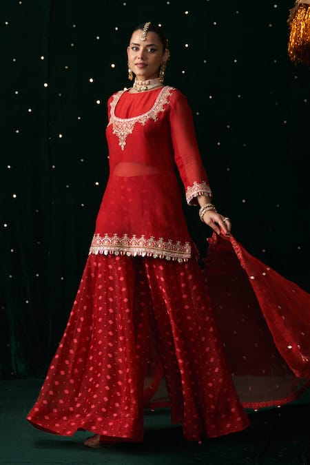 Shop_Almaari By Pooja Patel_Red Organza Gota Patti, Embroidery, Pearls, Mirrors, Tanpura Kurta Sharara Set _Online_at_Aza_Fashions