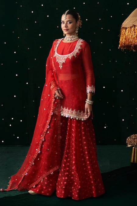 Almaari By Pooja Patel_Red Organza Gota Patti, Embroidery, Pearls, Mirrors, Tanpura Kurta Sharara Set _at_Aza_Fashions