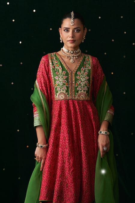 Shop_Almaari By Pooja Patel_Red Silk, Shantoon, Organza Embroidery, Mirrors, Gota Pakhawaj Printed Kurta Set _Online_at_Aza_Fashions