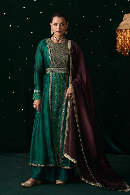 Shop_Almaari By Pooja Patel_Green Silk Embroidery, Tassels, Zari, Gota Patti Round Neck Khol Anarkali Set _Online_at_Aza_Fashions