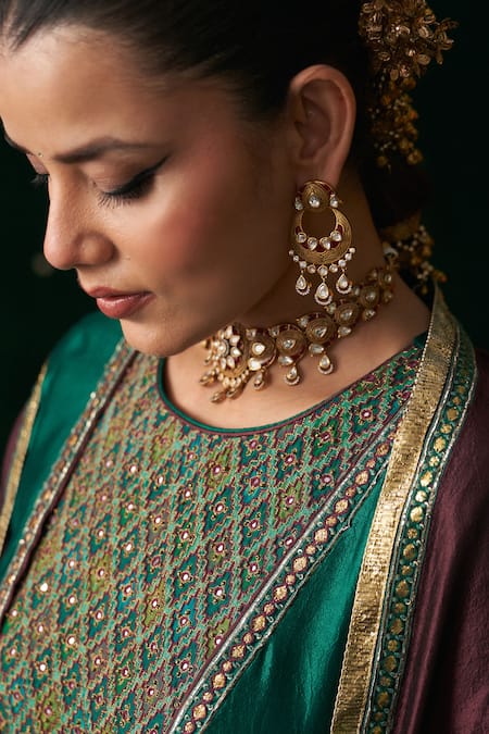 Almaari By Pooja Patel_Green Silk Embroidery, Tassels, Zari, Gota Patti Round Neck Khol Anarkali Set _at_Aza_Fashions