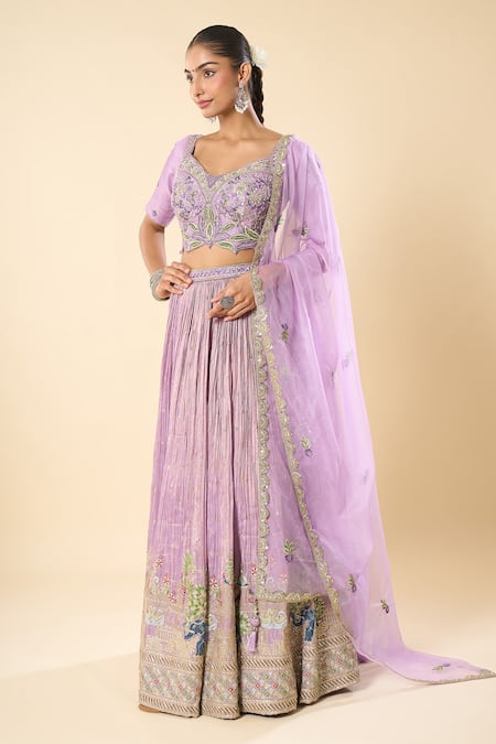 Samyukta Singhania_Purple Silk, Georgette, Taffeta Embroidery, Stones, Zari Hand Lehenga Set _at_Aza_Fashions