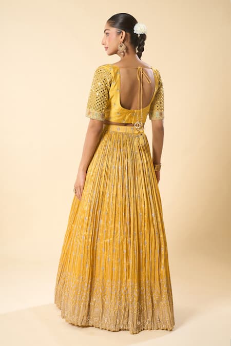 Shop Samyukta Singhania Yellow Silk, Georgette, Taffeta Embroidery, Sequins Sweetheart Hand Lehenga Set at Aza Fashions Shop_Samyukta Singhania_Yellow Silk, Georgette, Taffeta Embroidery, Sequins Sweetheart Hand Lehenga Set _at_Aza_Fashions