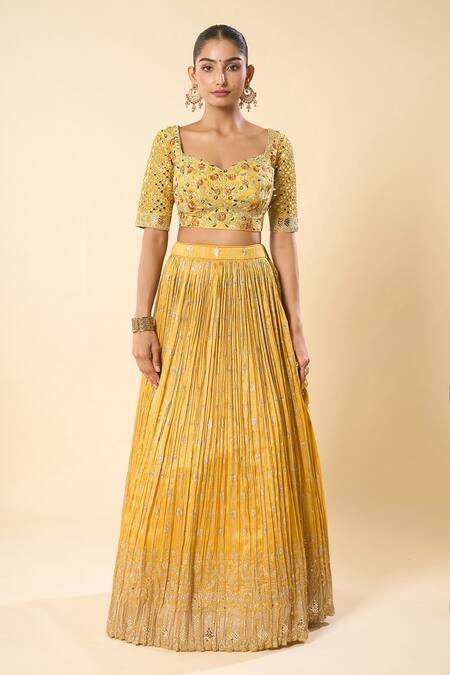 Samyukta Singhania Yellow Silk, Georgette, Taffeta Embroidery, Sequins Sweetheart Hand Lehenga Set at Aza Fashions Samyukta Singhania_Yellow Silk, Georgette, Taffeta Embroidery, Sequins Sweetheart Hand Lehenga Set _at_Aza_Fashions