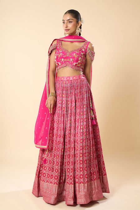 Shop_Samyukta Singhania_Pink Silk, Georgette Embroidery, Beads, Zari Sweetheart Neck Hand Lehenga Set _Online_at_Aza_Fashions