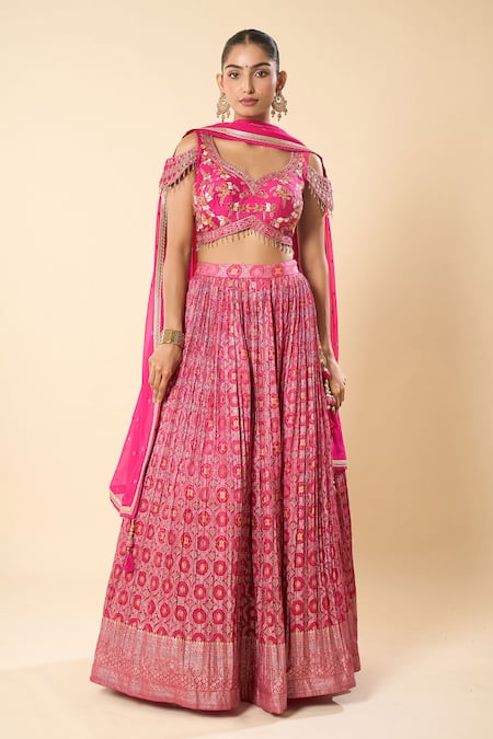 Samyukta Singhania_Pink Silk, Georgette Embroidery, Beads, Zari Sweetheart Neck Hand Lehenga Set _at_Aza_Fashions