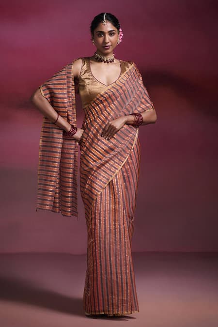 Shop_Dressfolk_Gold Handloom Cotton, Chanderi Zari, Mandira Striped Saree With Running Blouse _Online_at_Aza_Fashions