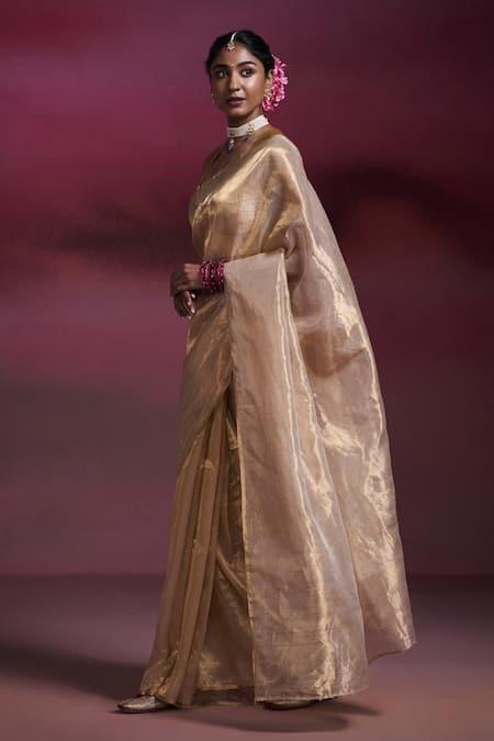 Dressfolk_Gold Tissue Nandini Handloom Saree With Running Blouse _at_Aza_Fashions