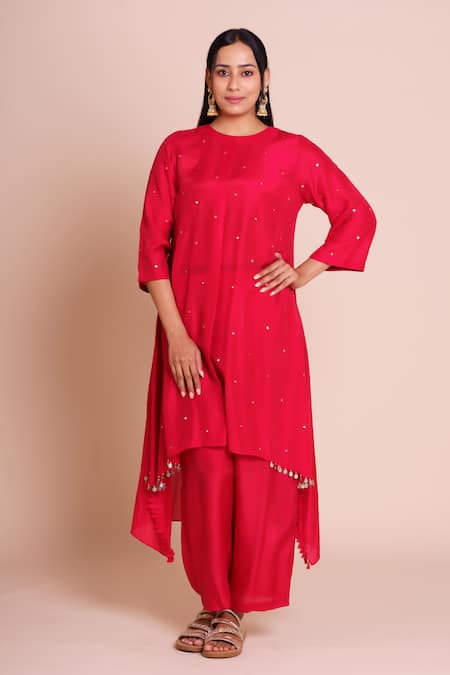 Brij Sindoori Red Muslin Embroidered Kurta Set 