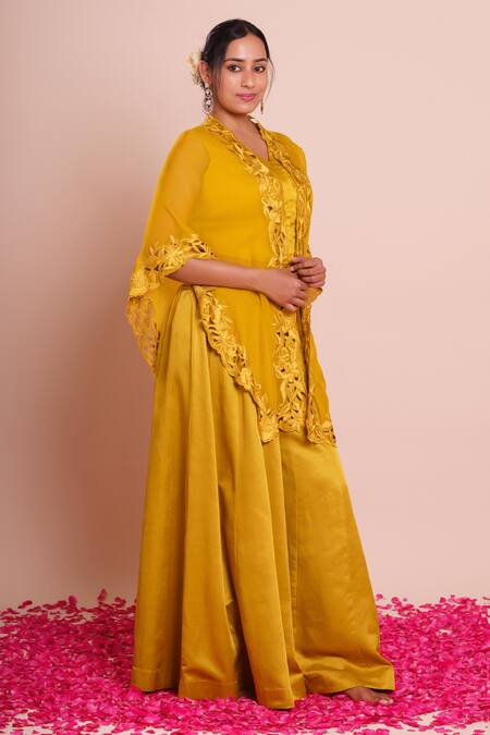 Brij_Mustard Linen, Satin Open Neck, Avisha Yellow Embroidered Cape Set _at_Aza_Fashions