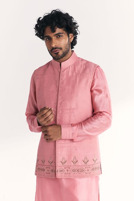 Studio Bagechaa_Pink Linen, Satin, Chanderi Embroidery Jal Nehru Jacket Set _at_Aza_Fashions