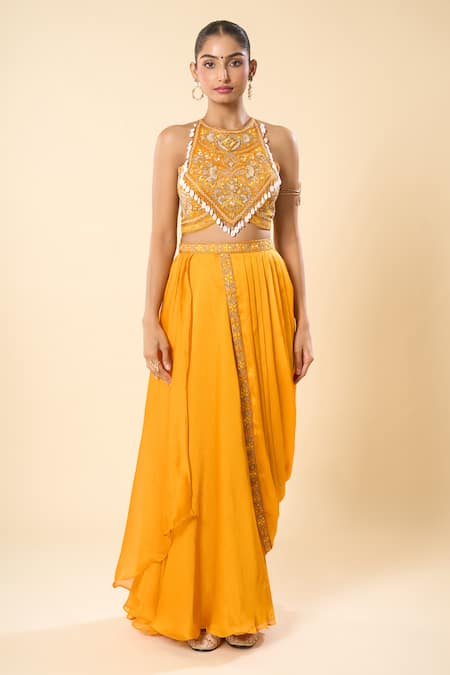 Samyukta Singhania_Yellow Georgette Embroidery, Beads Halter Neck Hand Blouse With Lehenga Saree _at_Aza_Fashions