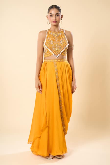 Buy_Samyukta Singhania_Yellow Georgette Embroidery, Beads Halter Neck Hand Blouse With Lehenga Saree 