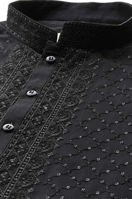 Sayisha_Black Cotton Sequins, Embroidery Checked Kurta _Online_at_Aza_Fashions