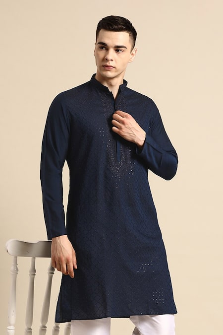 Sayisha Navy Blue Checked Embroidered Kurta  